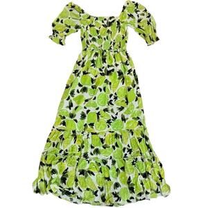 Steve Madden Challis Smocked Tiered Sunny Lime Off The Shoulder Maxi Dress XS